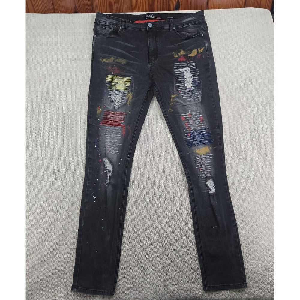 Switch Remarkable Jeans Mens 38x34 Black Slim Distressed Paint Splatter Denim